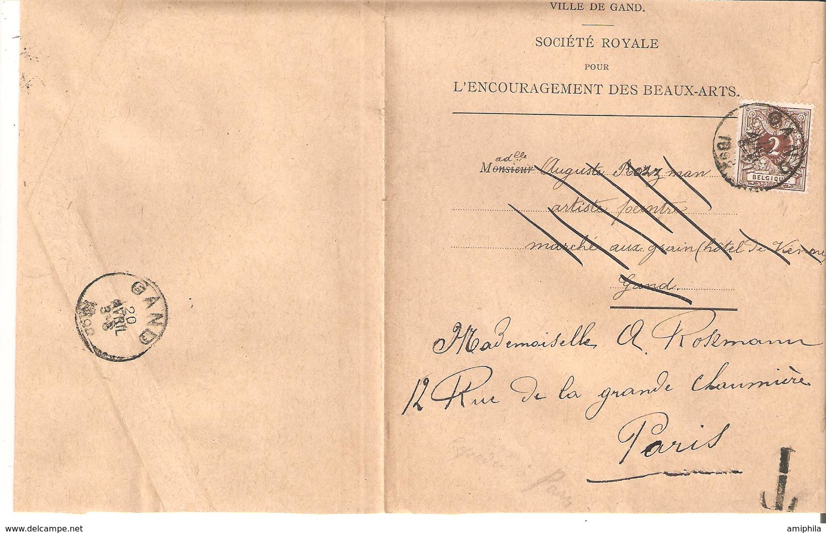 IMPRIME De GAND TP. N° 44 De 1892 (Sté Royale Des B.A.) V/GAND Réexp. à PARIS + TAXE R. - 1869-1888 Lion Couché (Liegender Löwe)