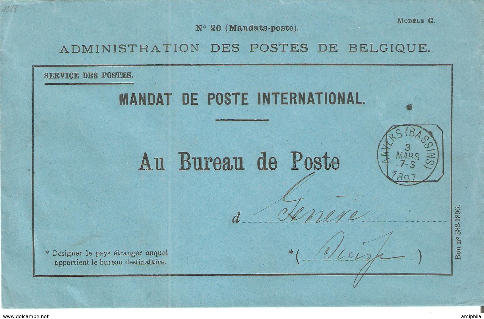 MANDAT POSTE INTERNATIONAL Cad. ANVERS(Bassins) Du 3 Mars 1897 V/GENEVE. - 1893-1900 Schmaler Bart