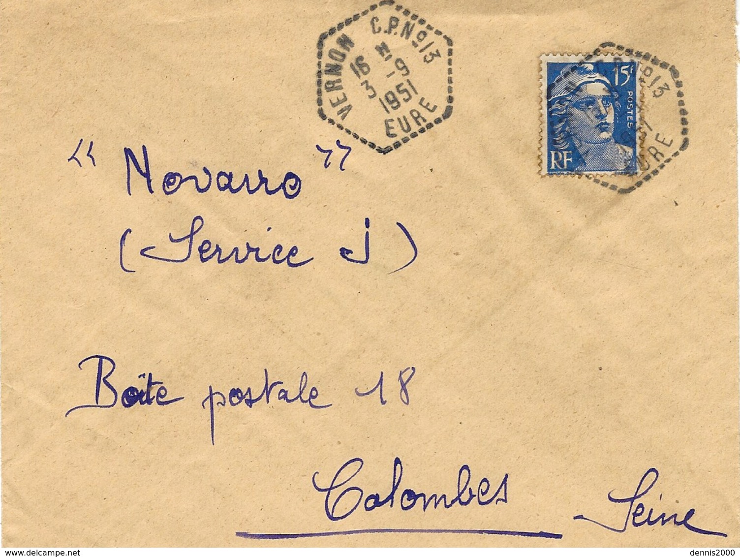 1951- Enveloppe RECC.  De VERNON C.P. N° 13 / EURE  ( C P Identifié Au Dos : Cautiers ) - 1921-1960: Periodo Moderno