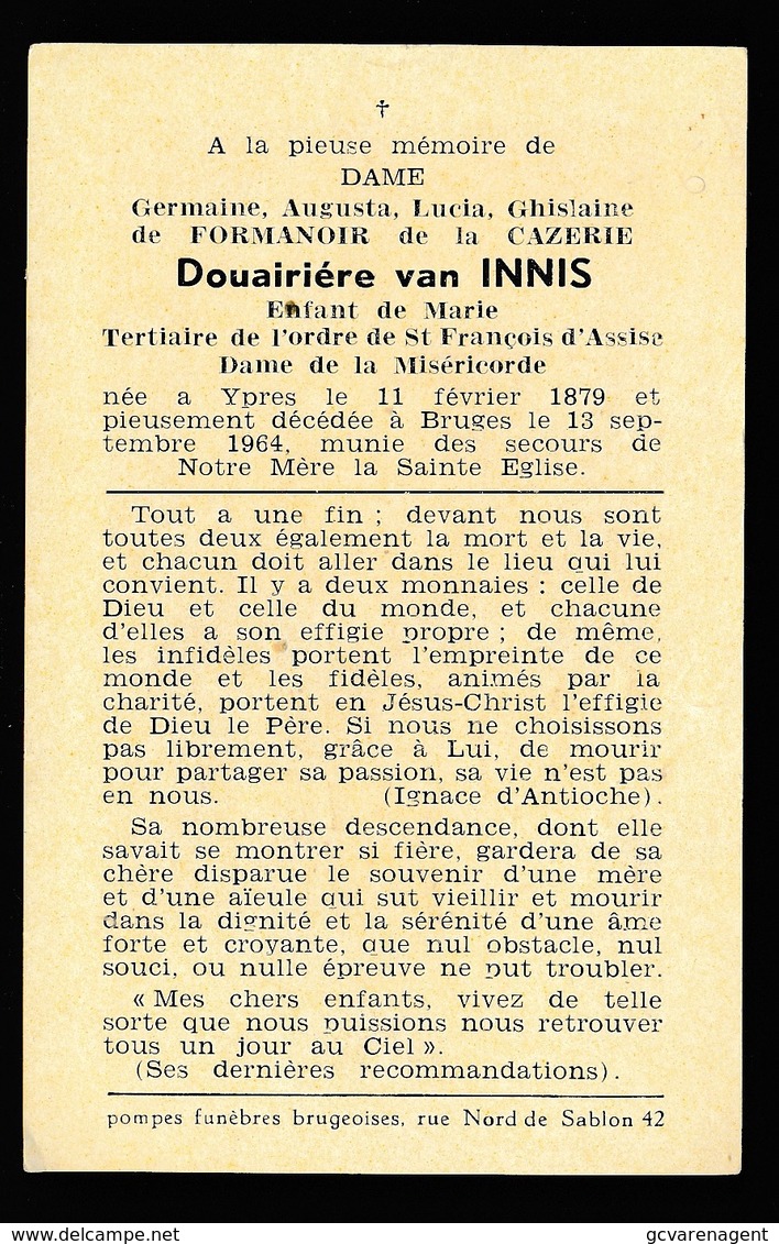 ADEL NOBLESSE -  GERMAINE DE FORMANOIR DE LA CAZERNE DOUAIRIERE VAN INNIS - IEPER 1879  BRUGGE 1964 - Décès