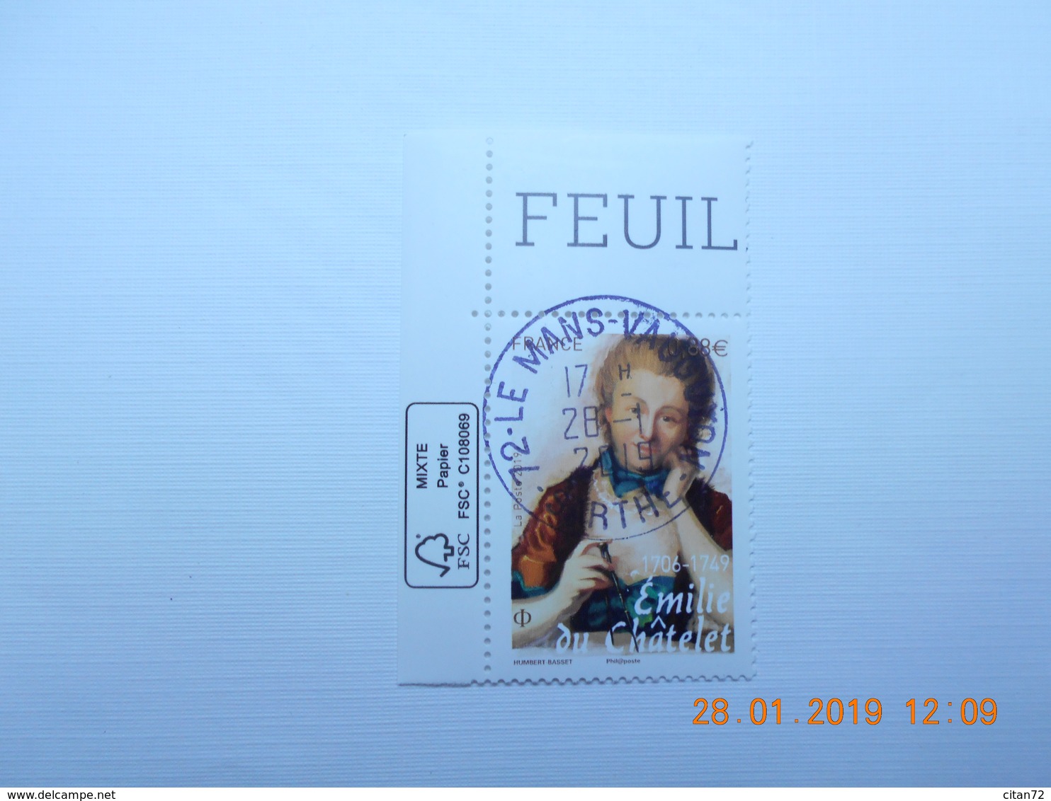 FRANCE 2019   EMILIE DU CHATELET ( 1706-17449)  Beau Cachet Rond Sur Timbre  Neuf   Coin De Feuille - Oblitérés