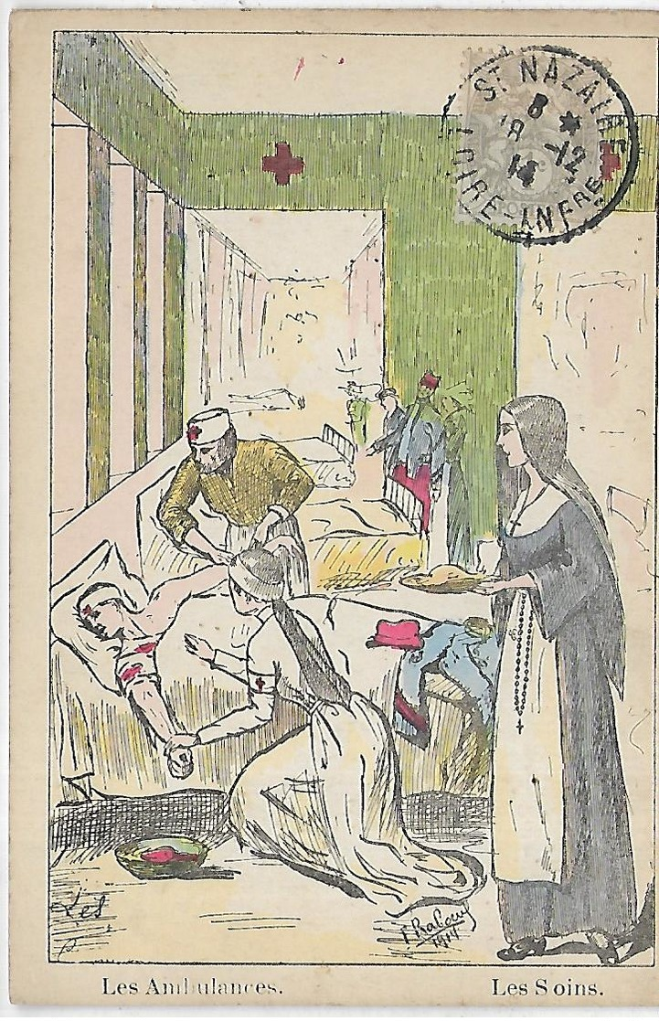 Thèmes, Illustrateurs,F.RABOEUF 1914,Les Ambulances, Les Soins,animations, Couleurs, Scan Recto-Verso - Autres & Non Classés