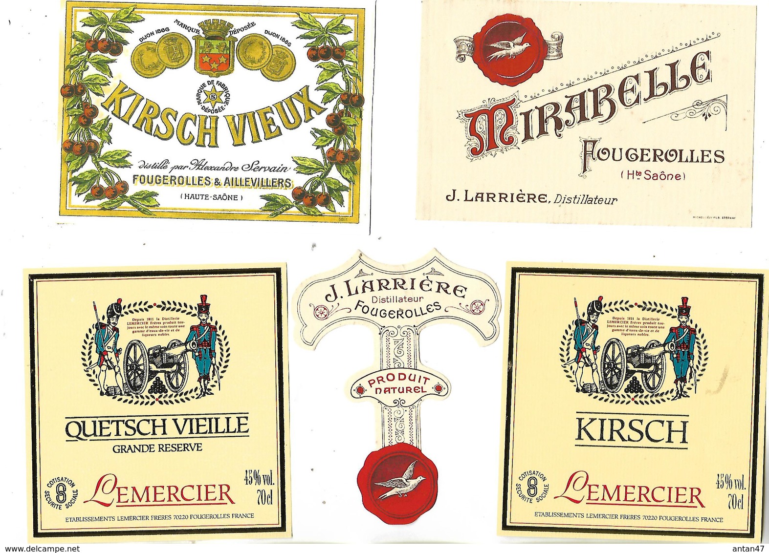 Lot De 5 étiquettes Kirsch / 70 FOUGEROLLES / Distillateurs LEMERCIER, LARRIERE, SERVAIN - Other & Unclassified