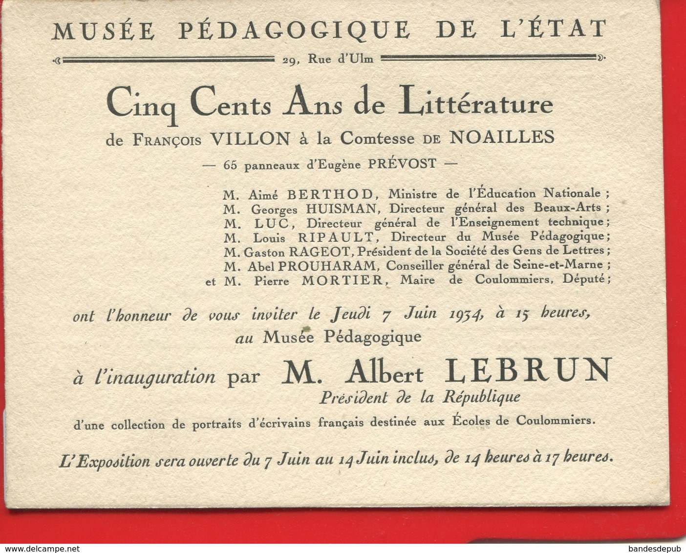 Musée Pédagogique De L'État Rue Ulm Paris Carte D'invitation Inauguration Président République Lebrun 1934 Littérature - Autres & Non Classés