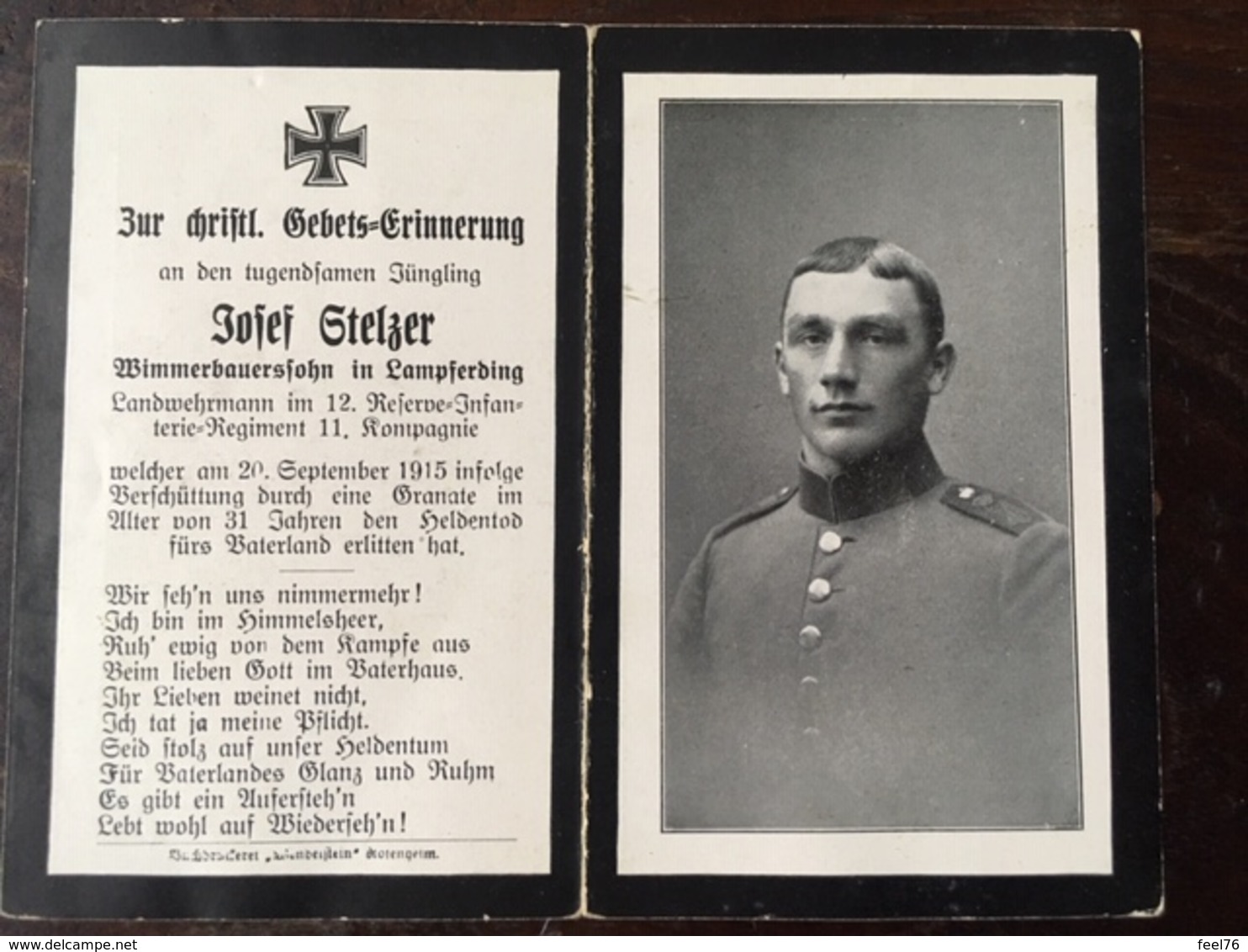 Sterbebild Wk1 Ww1 Bidprentje Avis Décès Deathcard RIR12 Verschüttung 20. September 1915 Aus Lampferding - 1914-18