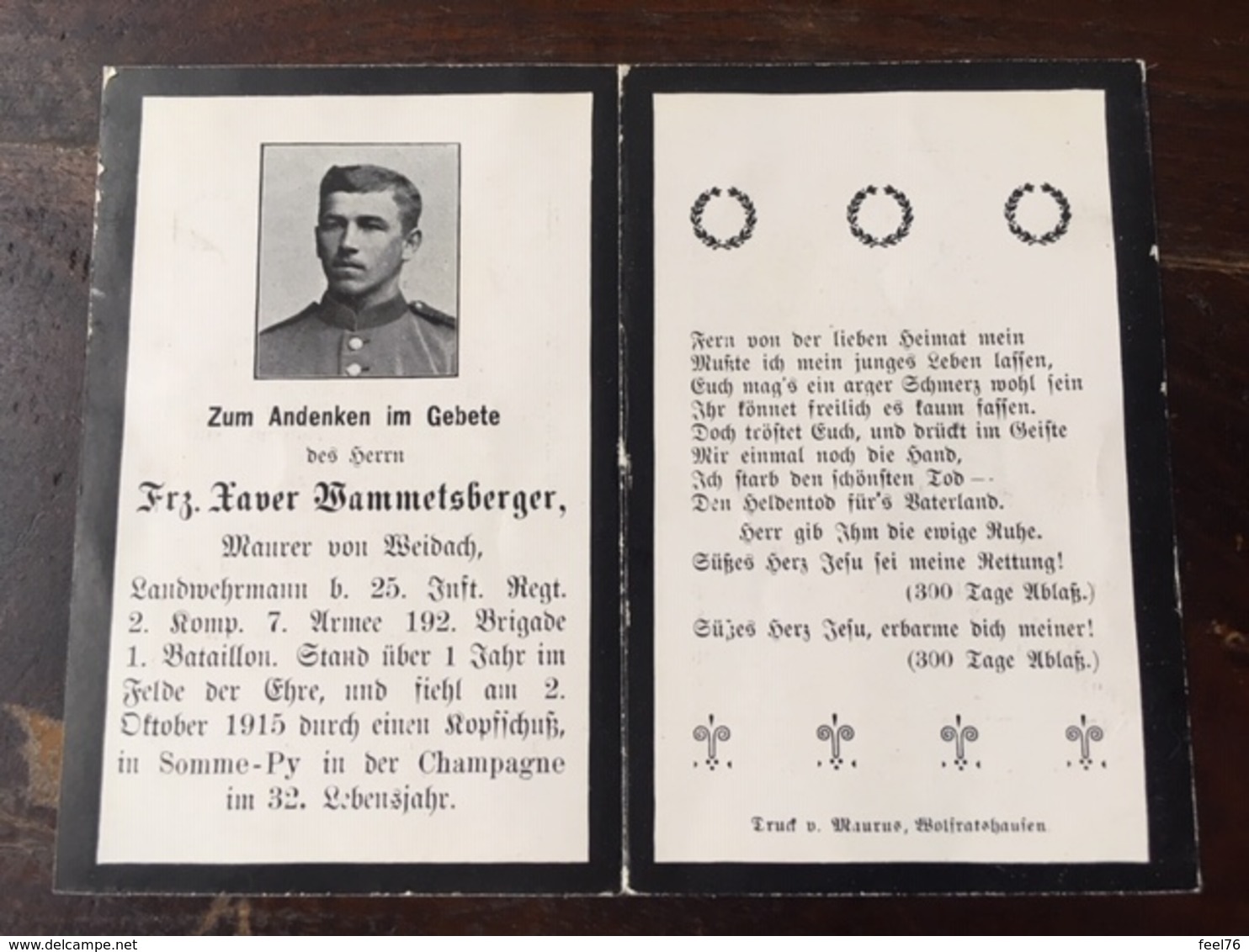 Sterbebild Wk1 Ww1 Bidprentje Avis Décès Deathcard IR25 SOMME PY CHAMPAGNE 2. Oktober 1915 Aus Weidach - 1914-18