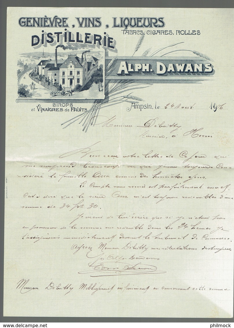 M-lettre De Recouvrement De La Distillerie Alph Dawans A Ampsin Le 24 Août 1906 Vers Huissier A Héron - 1900 – 1949