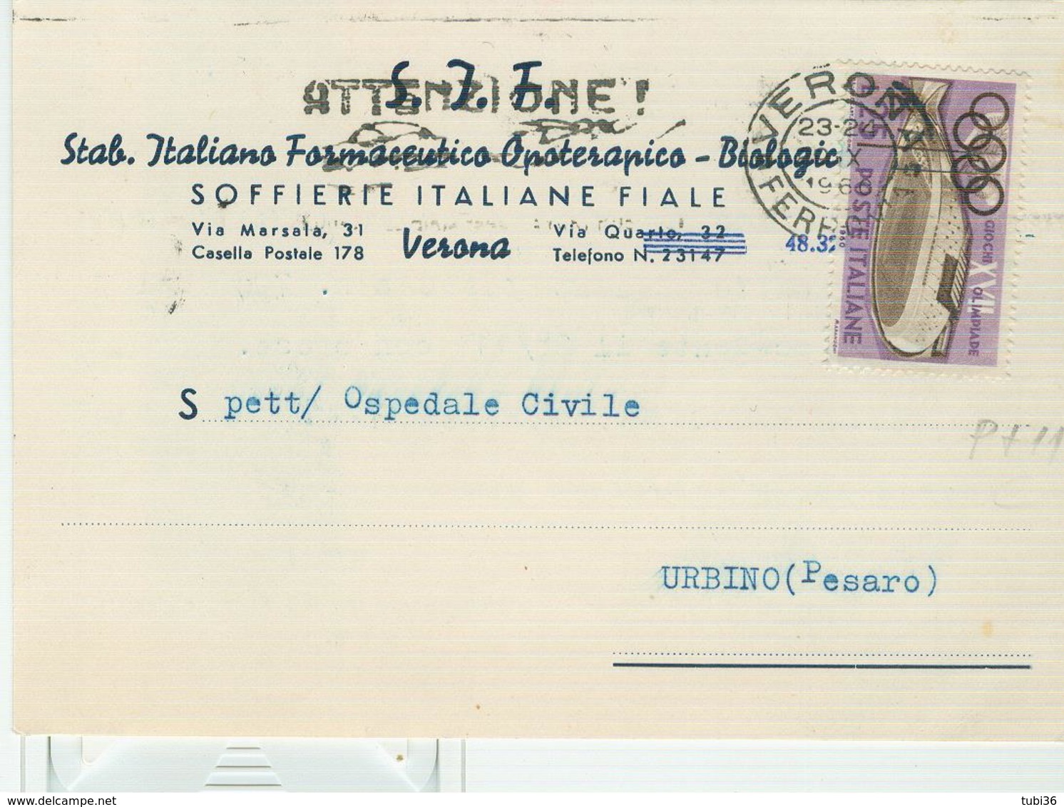 "S.I.F.-STABILIMENTO ITALIANO FARMACEUTICO-VERONA",CARTOLINA COMMERCIALE,1960,TIMBRO POSTE VERONA TARGHETTA, - Salute