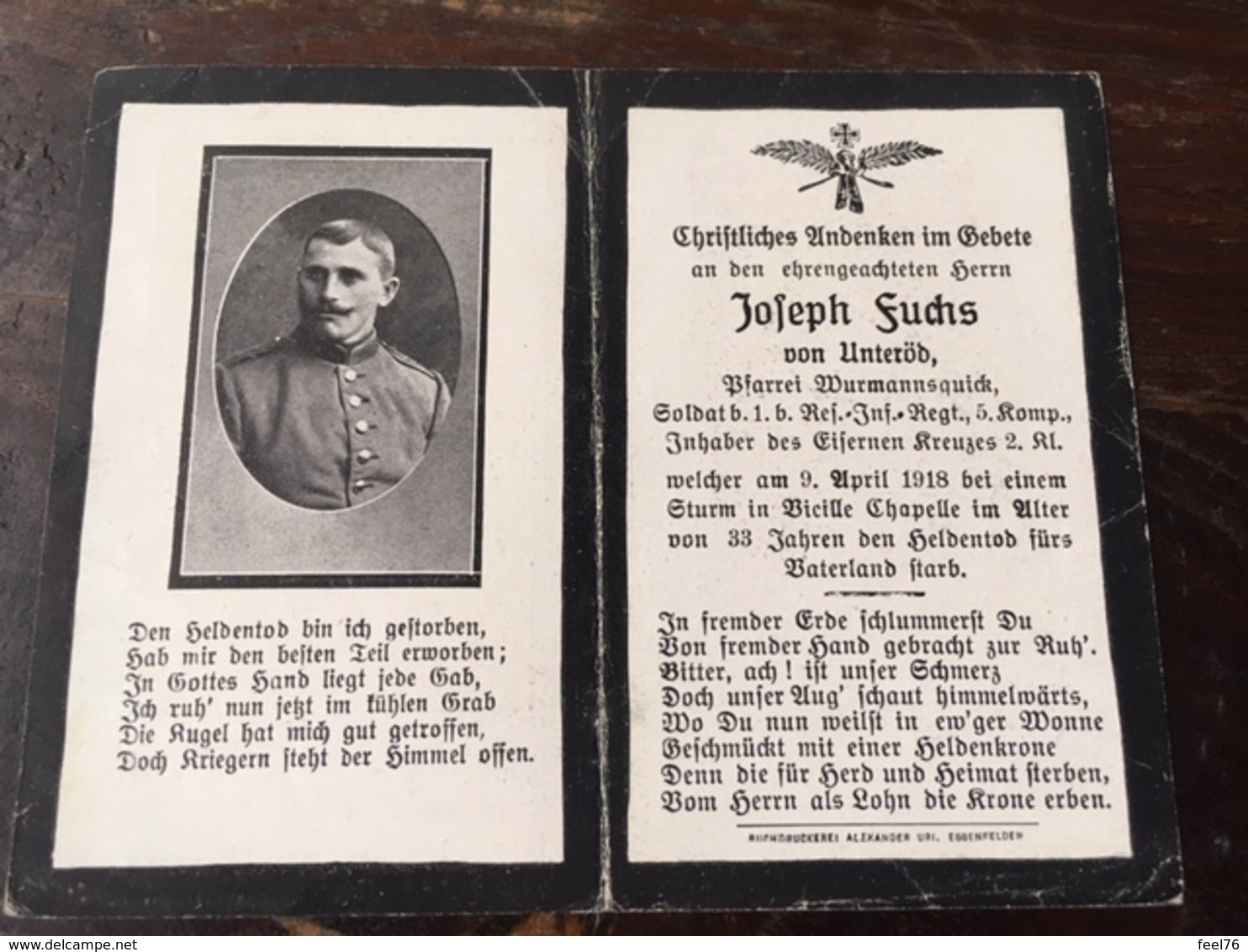 Sterbebild Wk1 Ww1 Bidprentje Avis Décès Deathcard RIR1 VICILLE CHAPELLE 9. April 1918 Aus Unteröd - 1914-18