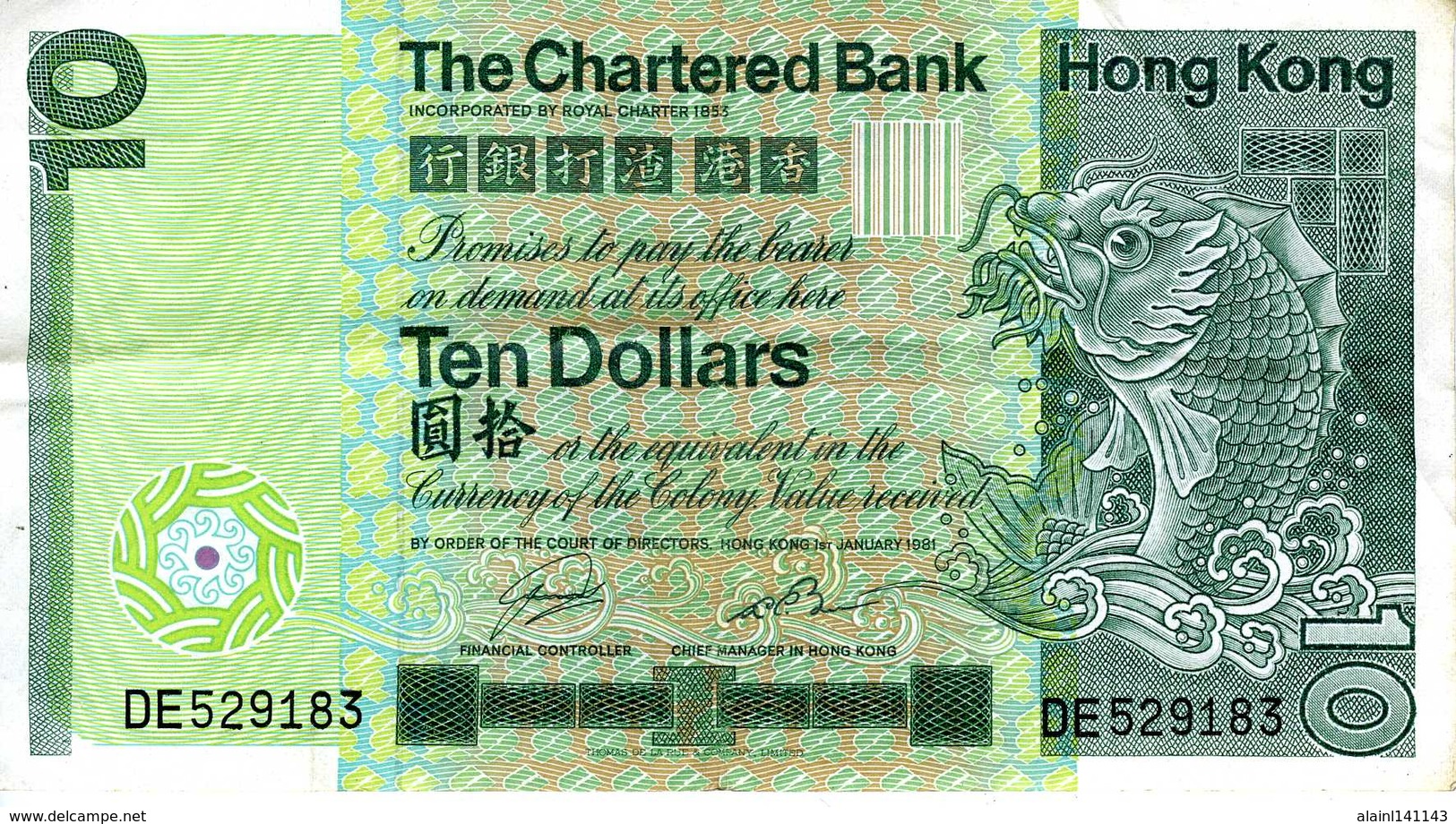 HONG KONG - The Charterd Bank - 10 Dollars - 1er Janvier 1981 - Série DE 529183 - P. Circulé - Hong Kong