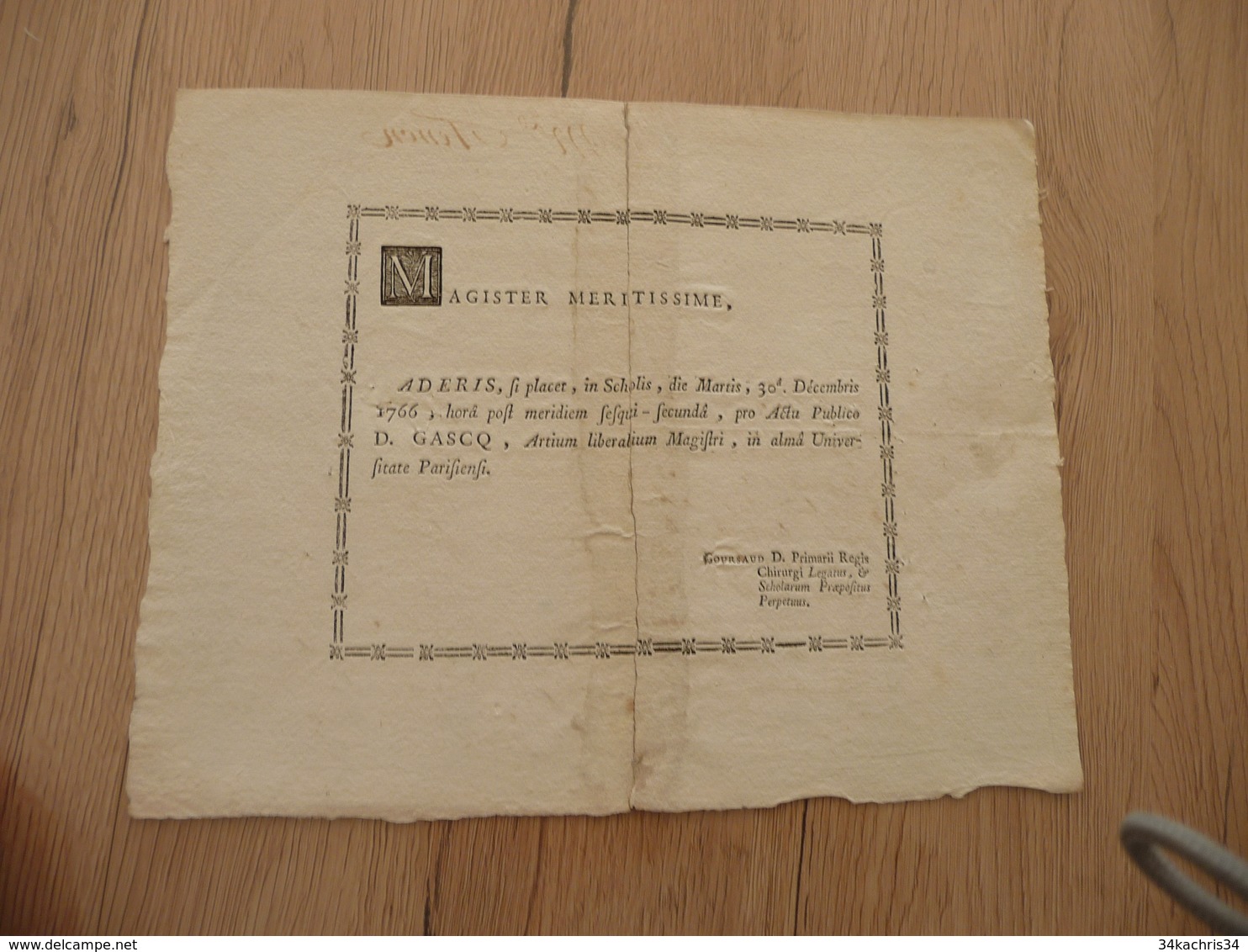 Diplôme En Latin D.Gasq Arts Libres 30/12/1766 Paris Manuscrit Médecine Au Dos Restauré - Diplômes & Bulletins Scolaires