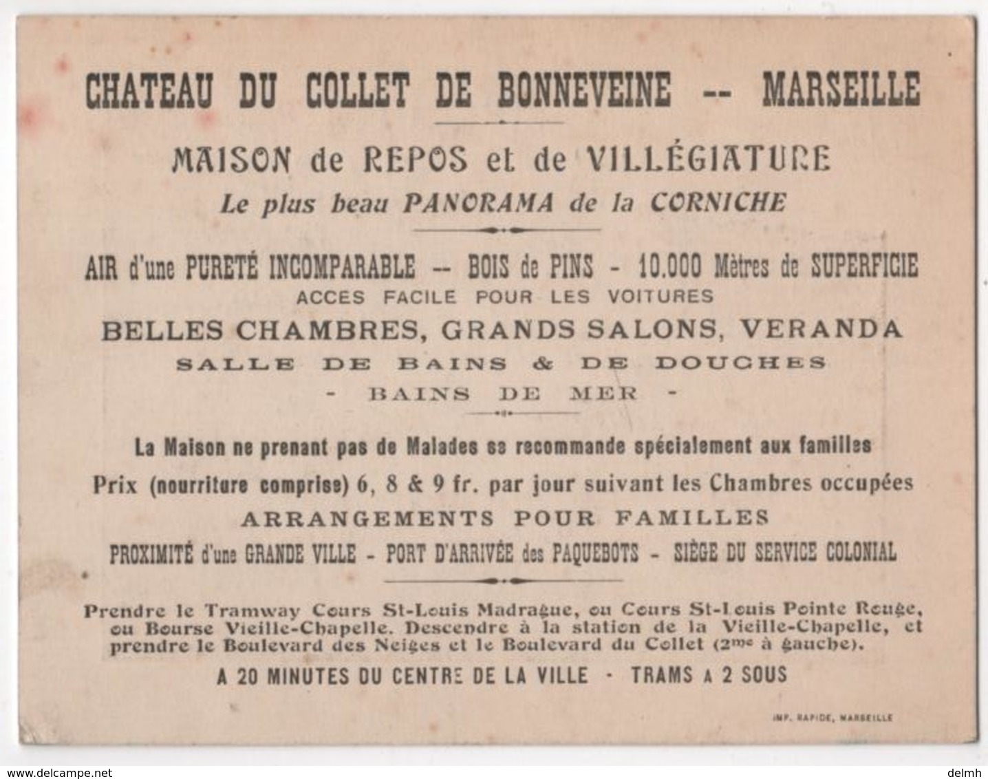 13 Marseille Banlieue Carte Publicitaire Chateau Du Collet De Bonneveine Tramway à 2 Sous - Südbezirke, Mazargues, Bonneveine, Pointe Rouge, Calanque-Felsen