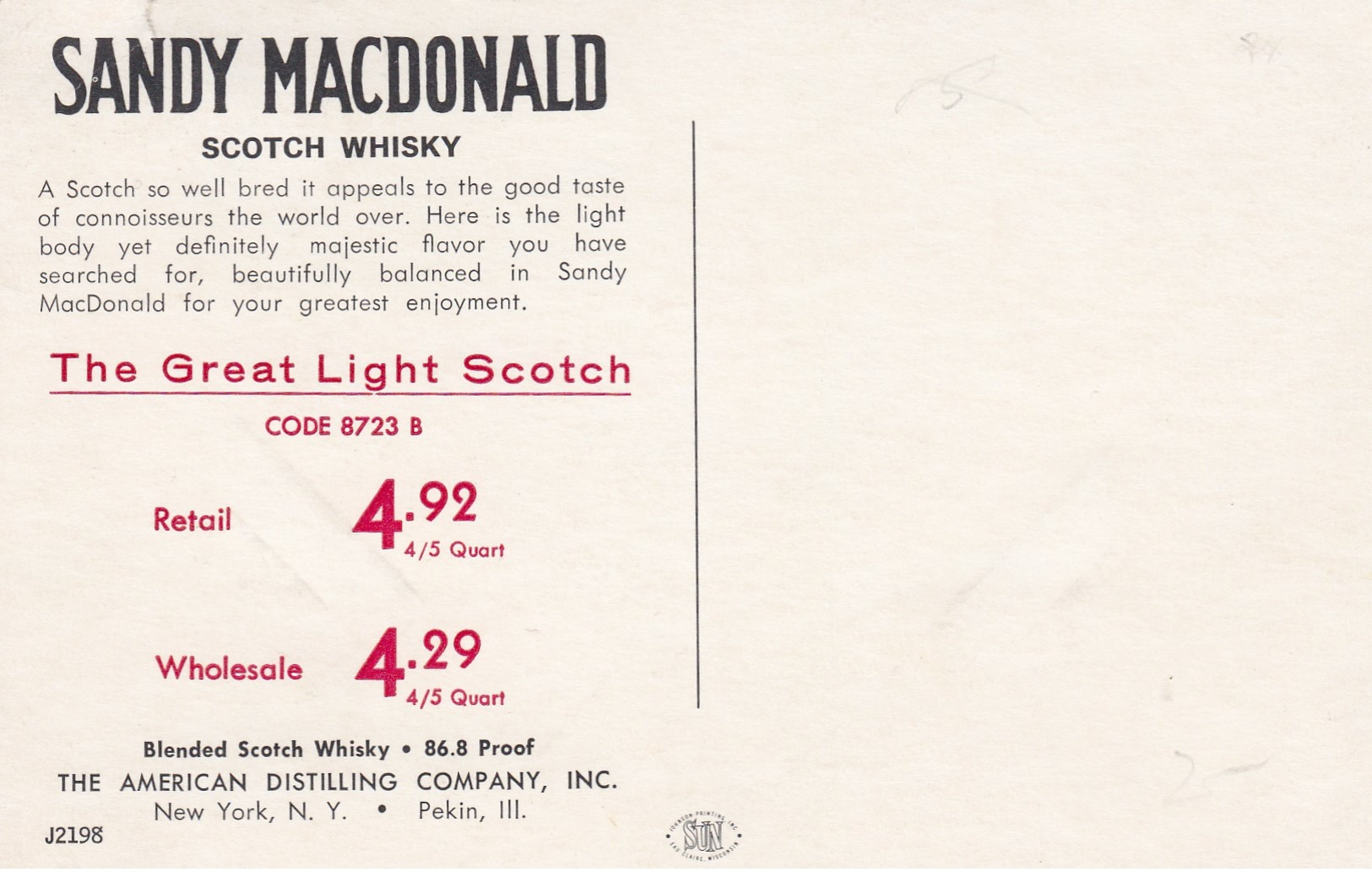 ADV: SANDY MACDONALD Scotch Whisky , 50-60s - Publicité