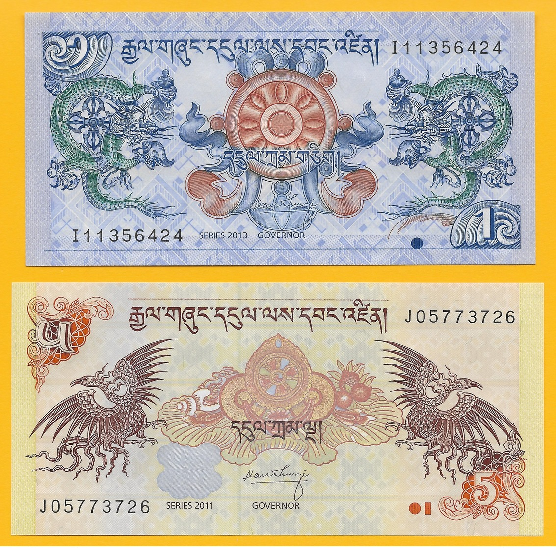 Bhutan Set 1 & 5 Ngultrum P-27b 2013 & P-28b 2011 UNC Banknote - Bhutan