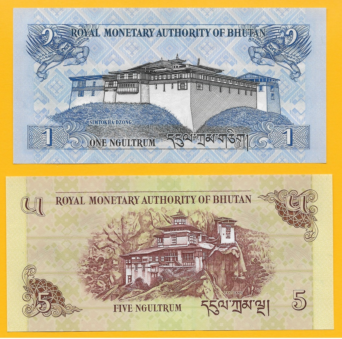 Bhutan Set 1 & 5 Ngultrum P-27b 2013 & P-28b 2011 UNC Banknote - Bhutan