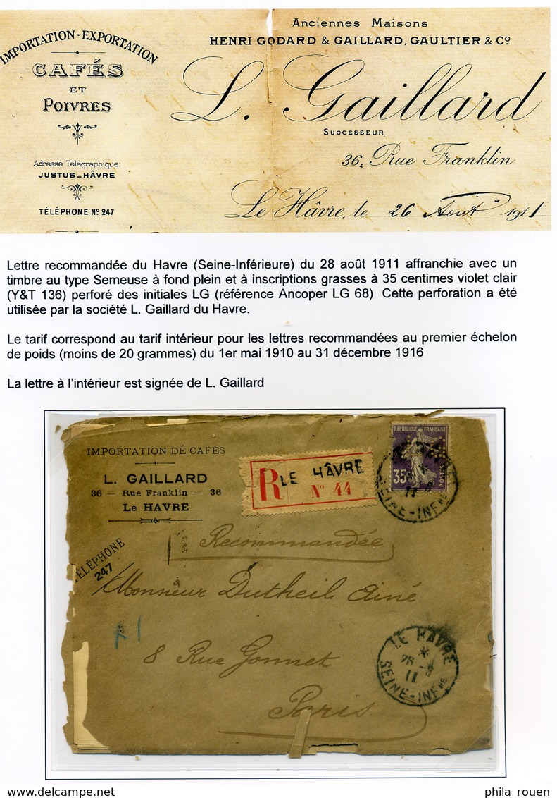 Lettre Recommandée Avec Correspondance L. Gaillard Du Havre 1911 - Autres & Non Classés