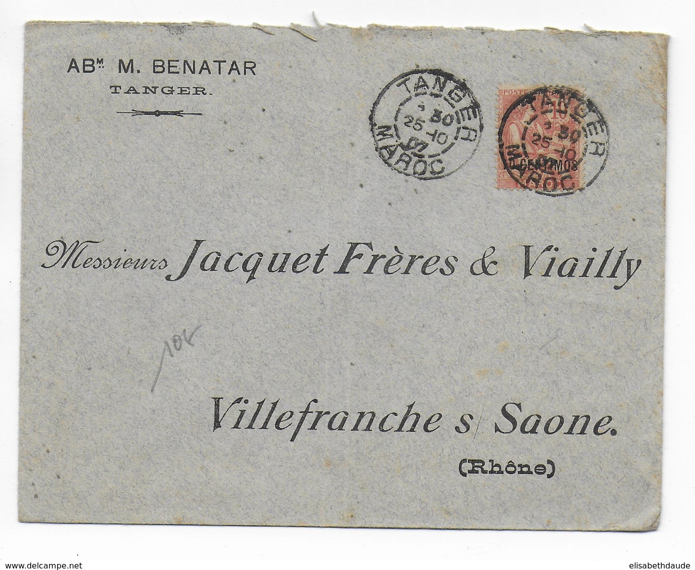 MAROC - 1907 - ENVELOPPE De TANGER Avec MOUCHON => VILLEFRANCHE SUR SAONE - Lettres & Documents