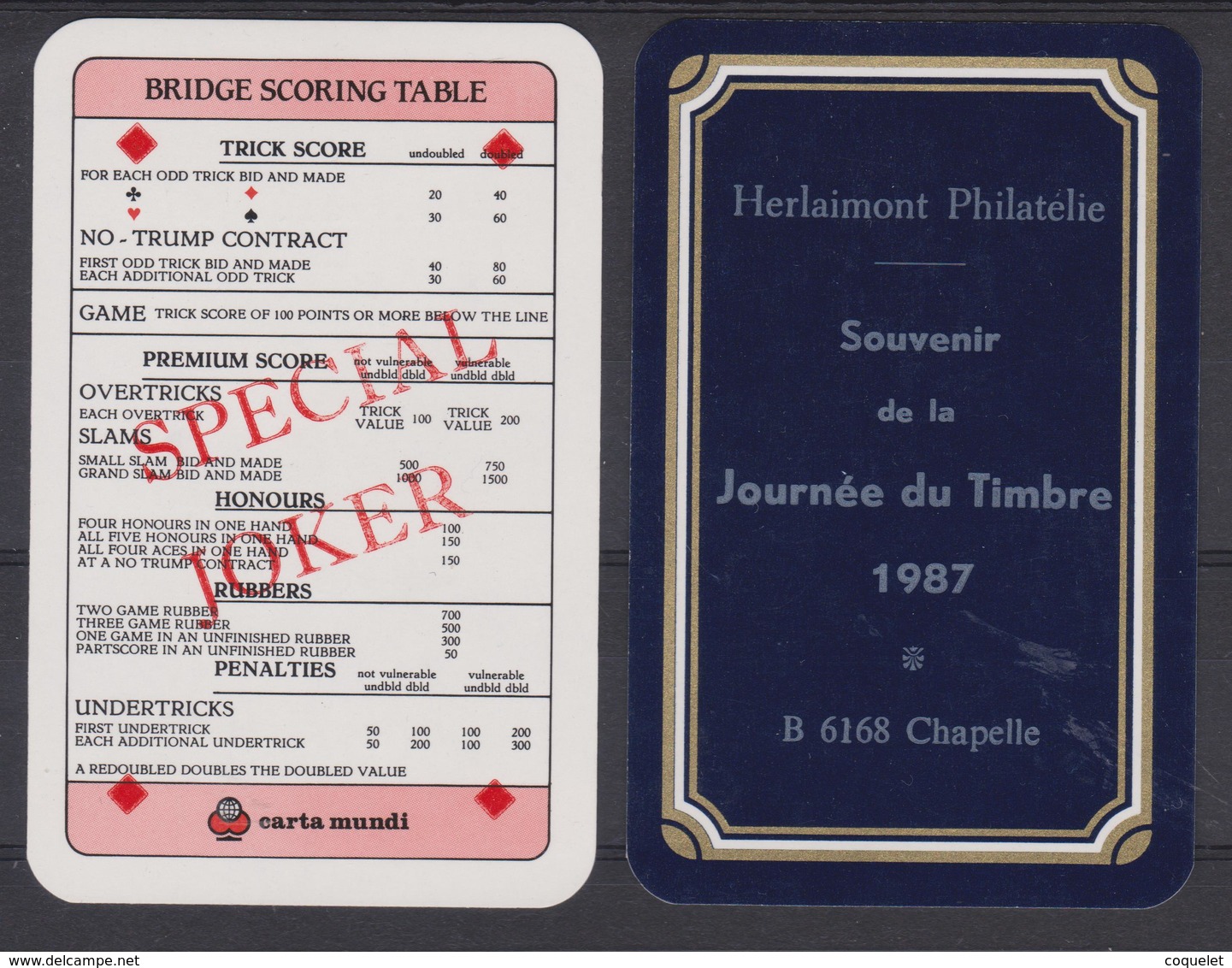 4 Jokers Repiqués à L'occasion De La Journée Du Timbre 1987 à Chapelle Lez Herlaimont - Cartes à Jouer Classiques