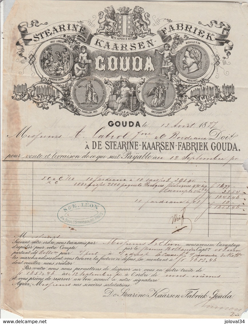 Pays Bas Facture 4 Pages Illustrée 13/8/1877 Stearine KAARSEN Fabriek GOUDA - Pays-Bas