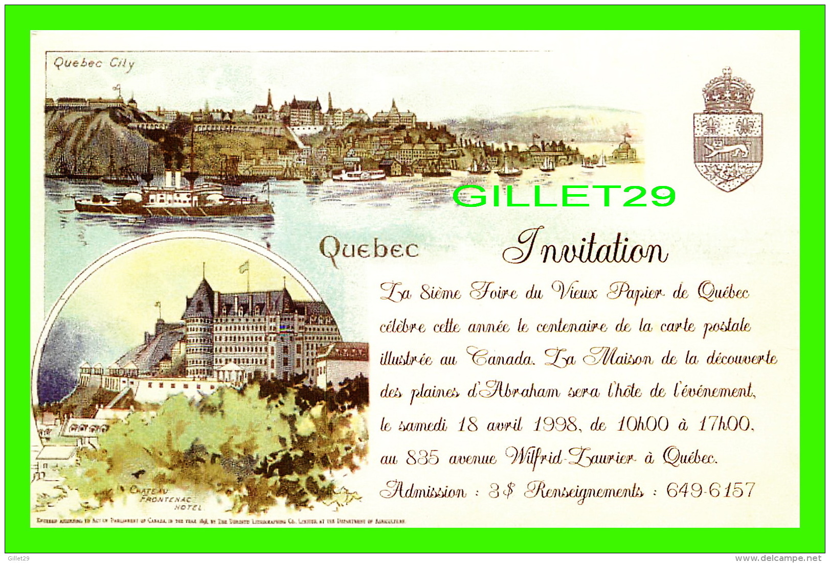 QUÉBEC - INVITATION, LA 8ie FOIRE DU VIEUX PAPIER DE QUÉBEC EN 1998 - CANADIAN POSTAL CARD - - Québec - La Cité