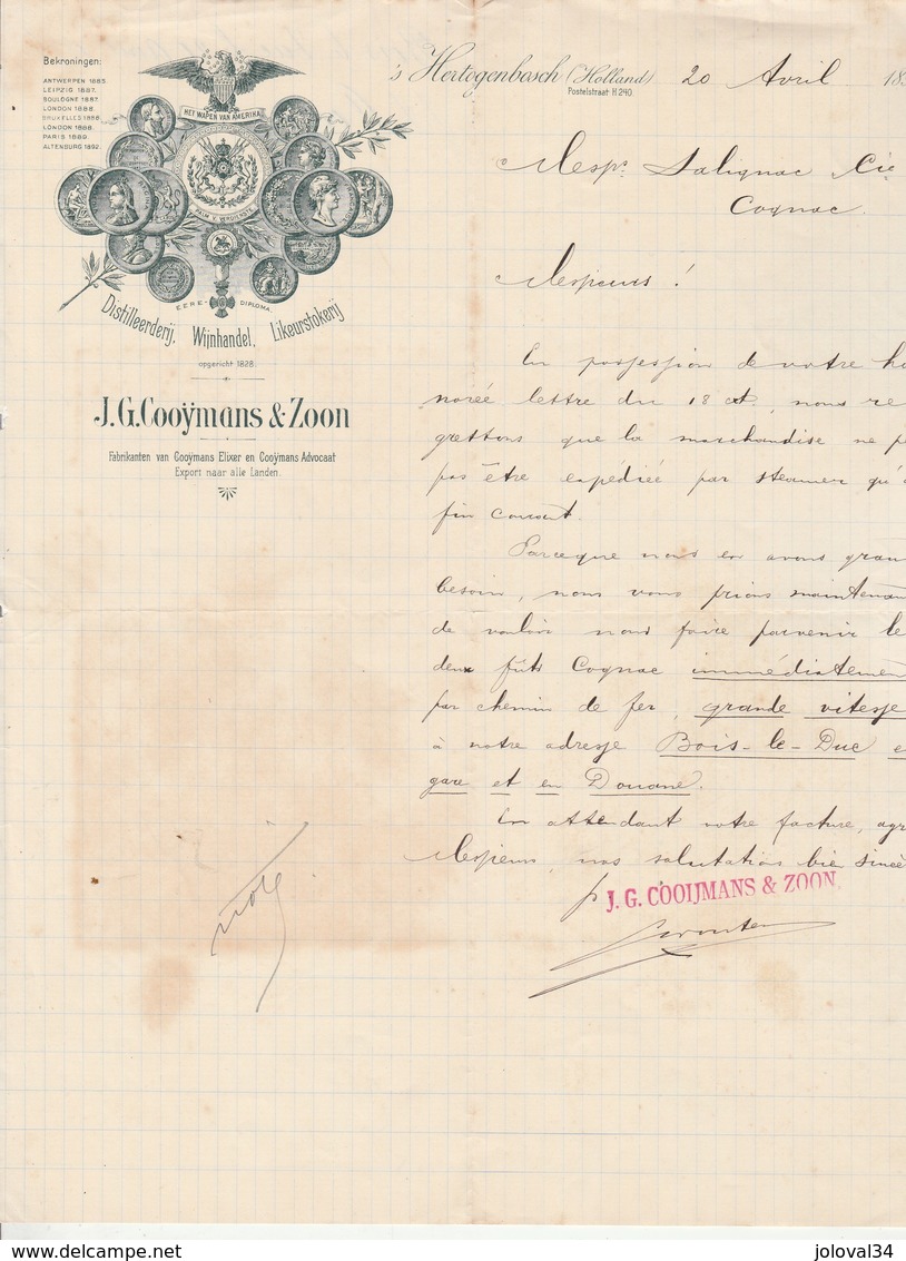 Pays Bas Facture Lettre Illustrée 20/4/1896 J G GOO¨YMANS & ZOON Distillerderij HERTOGENBOSCH - Niederlande