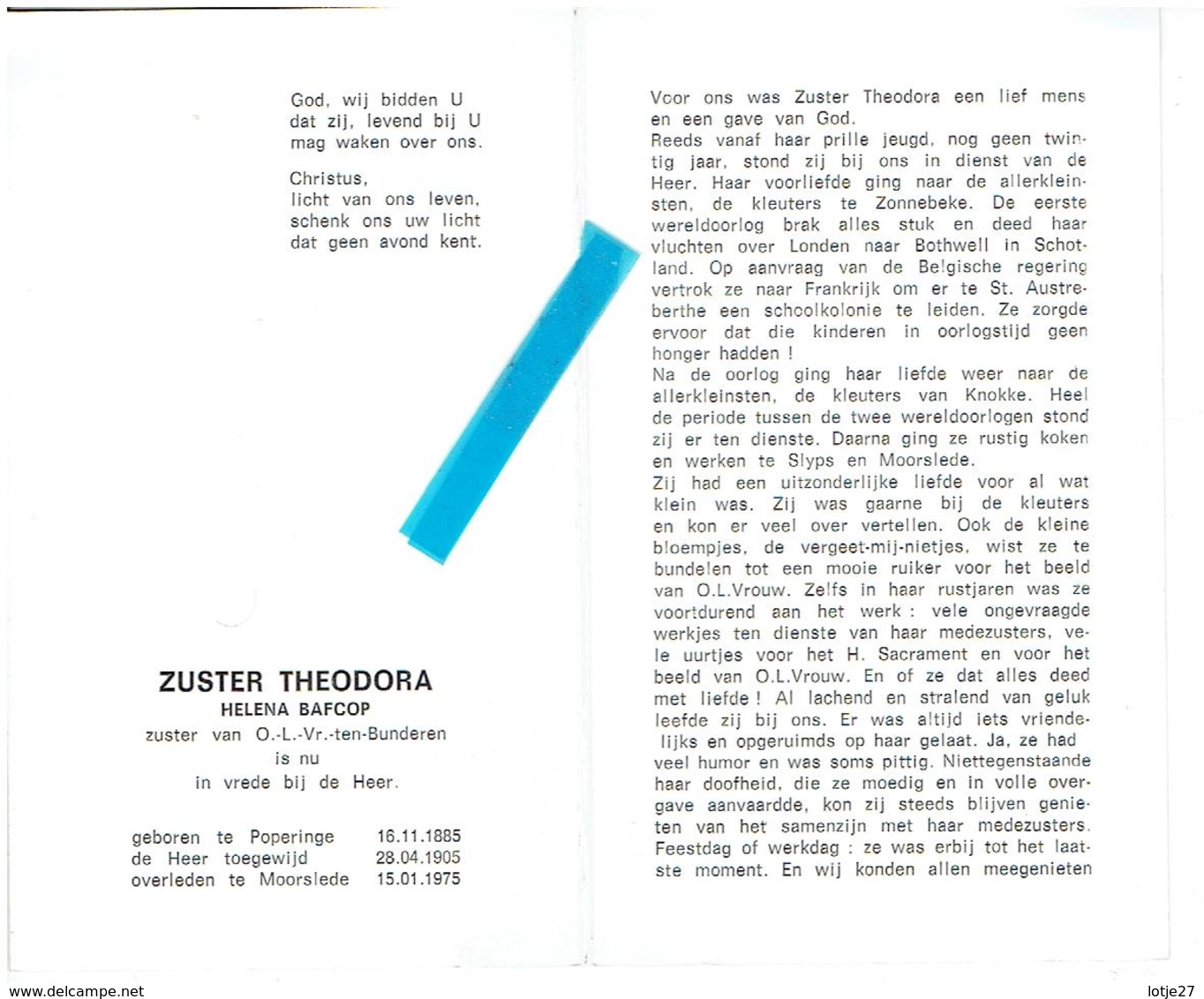 Zuster Theodora(Helena Bafcop)  Geb. Poperinge1885 Overl.Moorslede 1975 - Religion & Esotericism