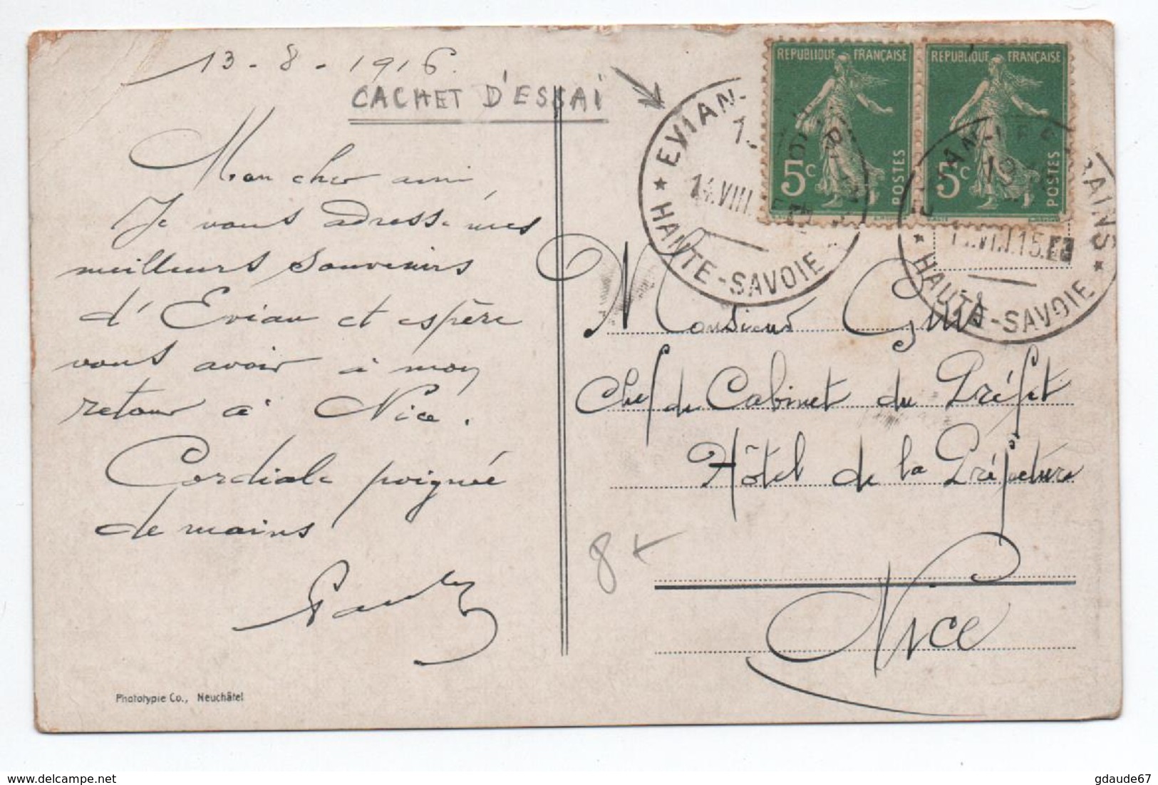 1915 - CP Avec CACHET D'ESSAI D'EVIAN (HAUTE SAVOIE) Sur SEMEUSE CAMEE - 1877-1920: Semi Modern Period