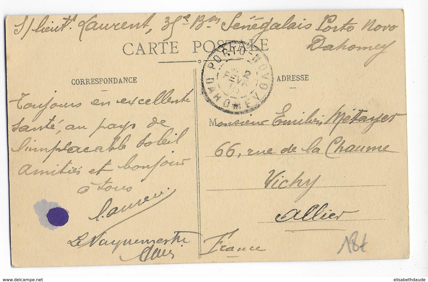 DAHOMEY - 1915 - CARTE FM Du 35° BATAILLONJ SENEGALAIS à PORTO-NOVO => VICHY - Lettres & Documents