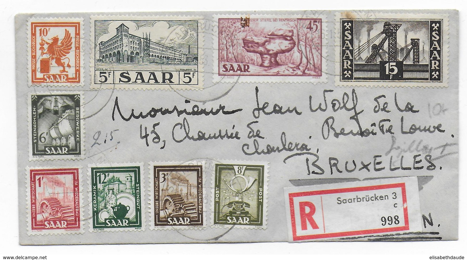 SAAR / SARRE - 1953 - ENVELOPPE RECOMMANDEE De SAARBRÜCKEN => BRUXELLES (BELGIQUE) - Cartas & Documentos