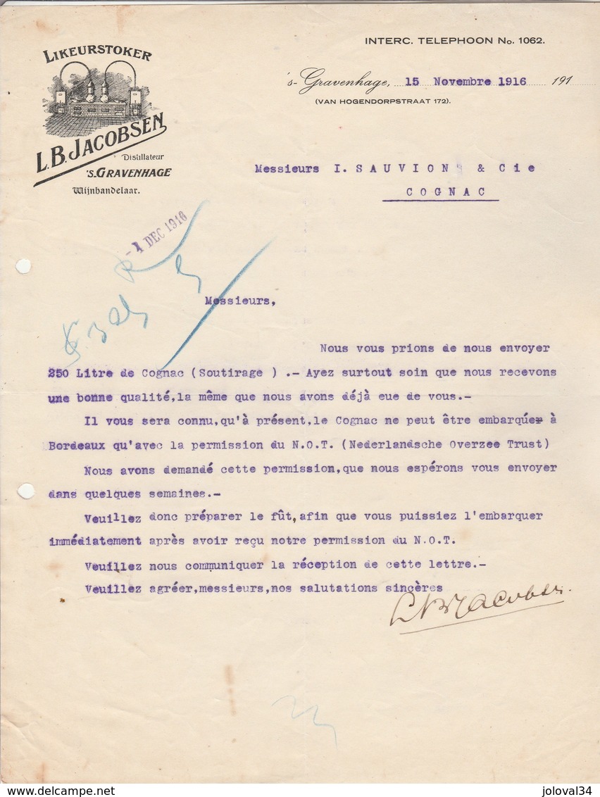 Pays Bas Facture Lettre Illustrée 15/11/1916 L B JACOBSEN Distillateur GRAVENHAGE - Netherlands