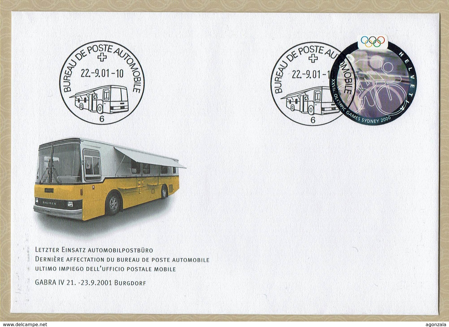 2001 HELVETIA SUISSE Enveloppe Postale - DERNIERE AFFECTATION DU BUREAU DE POSTE AUTOMOBILE GABRA IV - Joint Issues