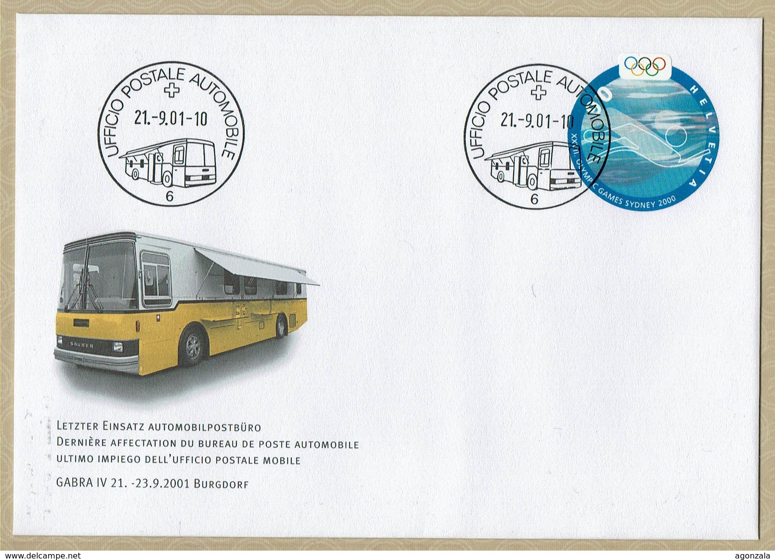 2001 HELVETIA SUISSE Enveloppe Postale - DERNIERE AFFECTATION DU BUREAU DE POSTE AUTOMOBILE GABRA IV - Emissions Communes