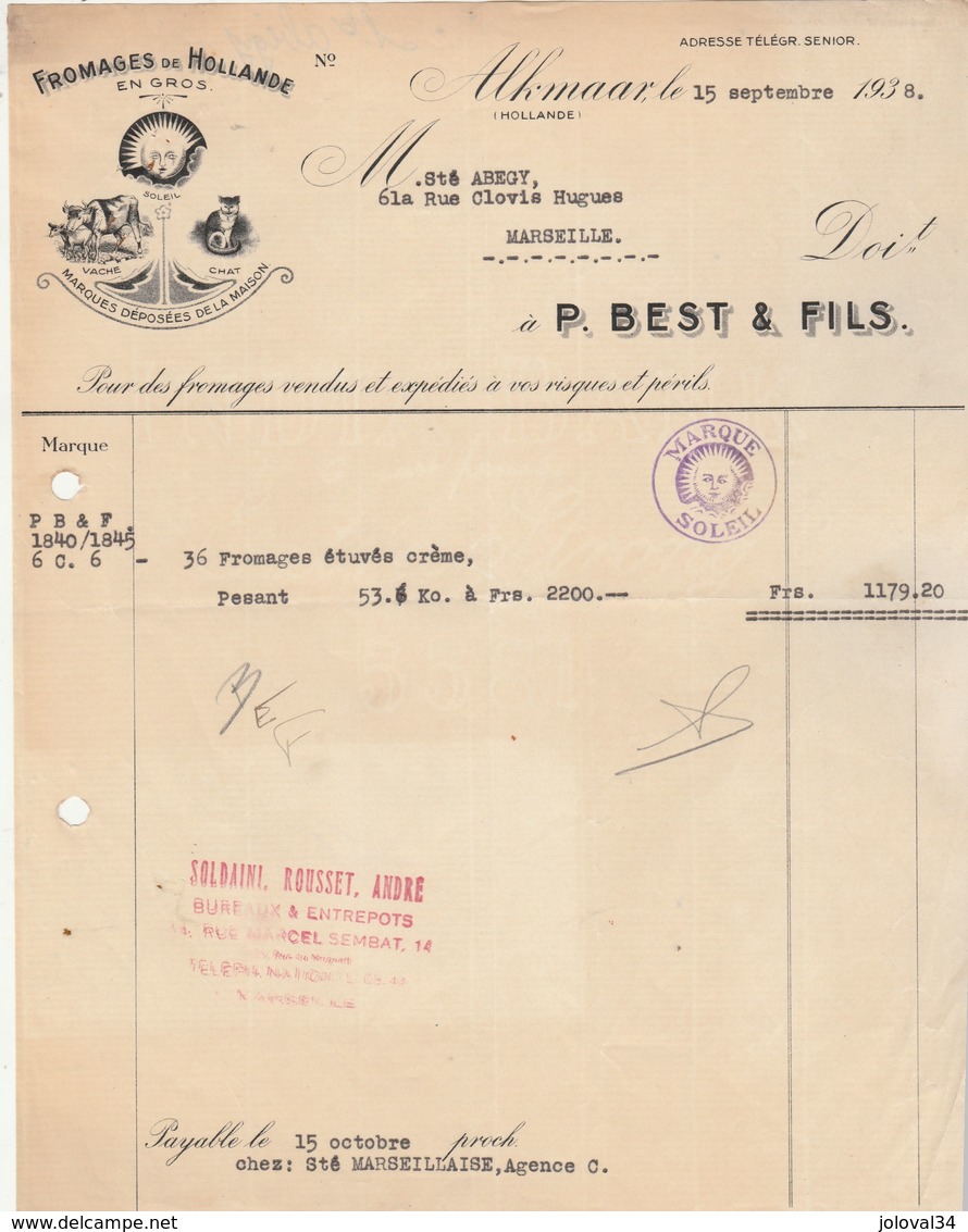 Pays Bas Facture Illustrée Soleil Chat Vache 15/9/1938 P BEST Fromages De Hollande ALKMAAR - Pays-Bas