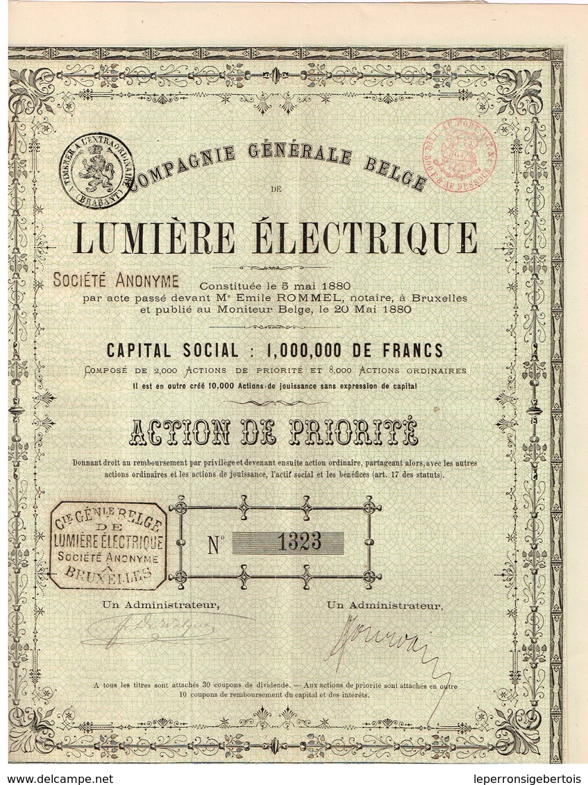 Action Ancienne - Compagnie Générale Belge De Lumière Electrique - Titre De 1880 - Rare - Electricidad & Gas