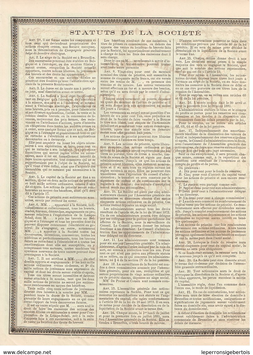 Action Ancienne - Compagnie Générale Belge De Lumière Electrique - Titre De 1880 - Rare - Electricidad & Gas