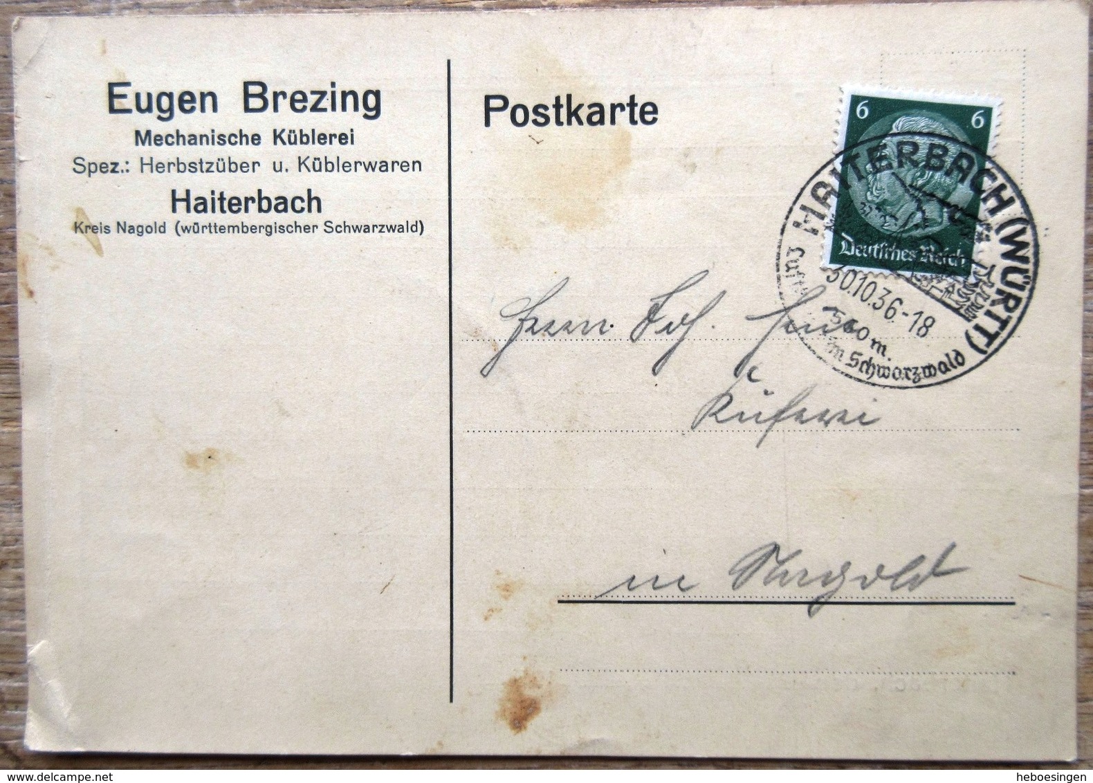 DR Hindenburg 6 Pfg. Auf Karte Aus SST Haiterbach Württ. 30.10.36 - Sonstige & Ohne Zuordnung