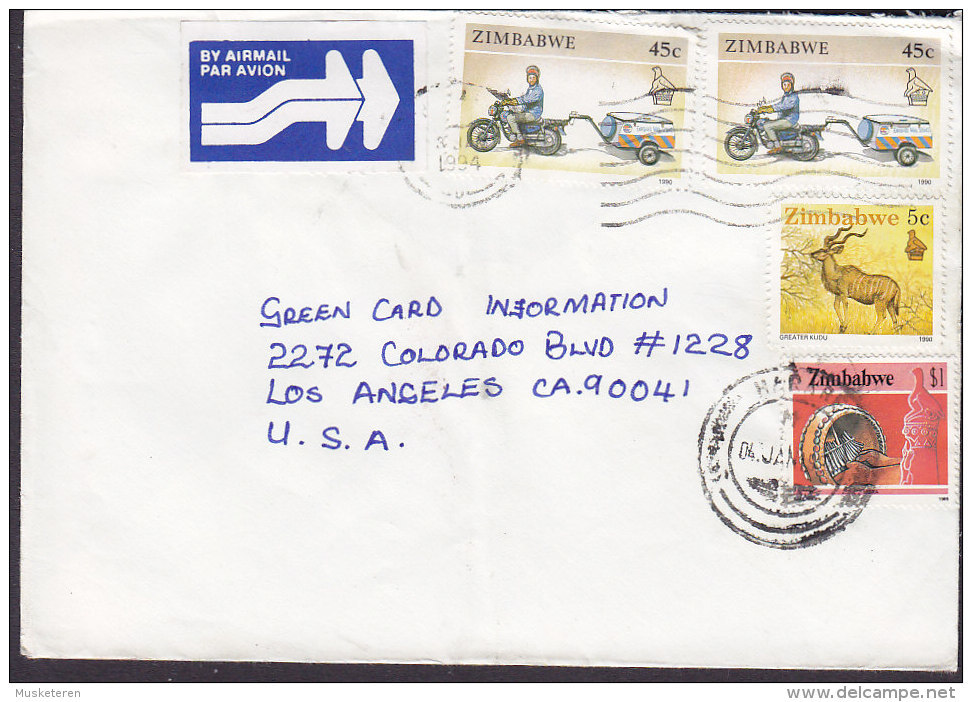 Zimbabwe AIR MAIL Par Avion HARARE 1993 Cover Lettre USA Etats Unis Transport Kudo Antilope Music Instrument - Zimbabwe (1980-...)