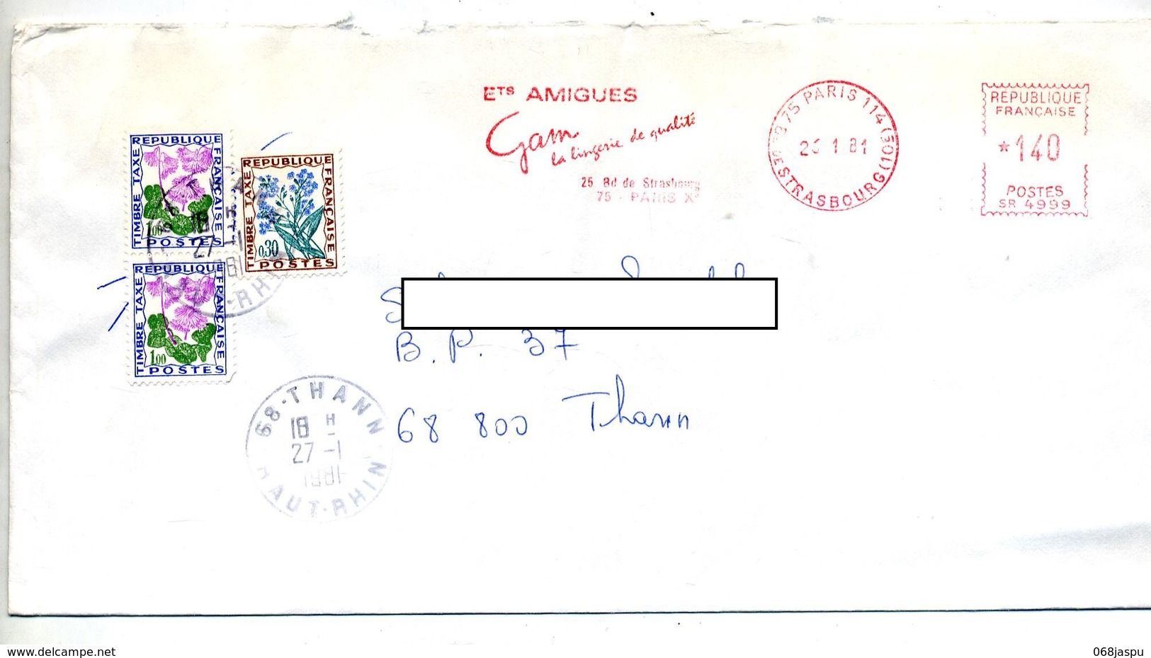 Lettre Flamme Ema Paris Linderie Gam Taxee Thann Sur Fleur - 1859-1959 Lettres & Documents