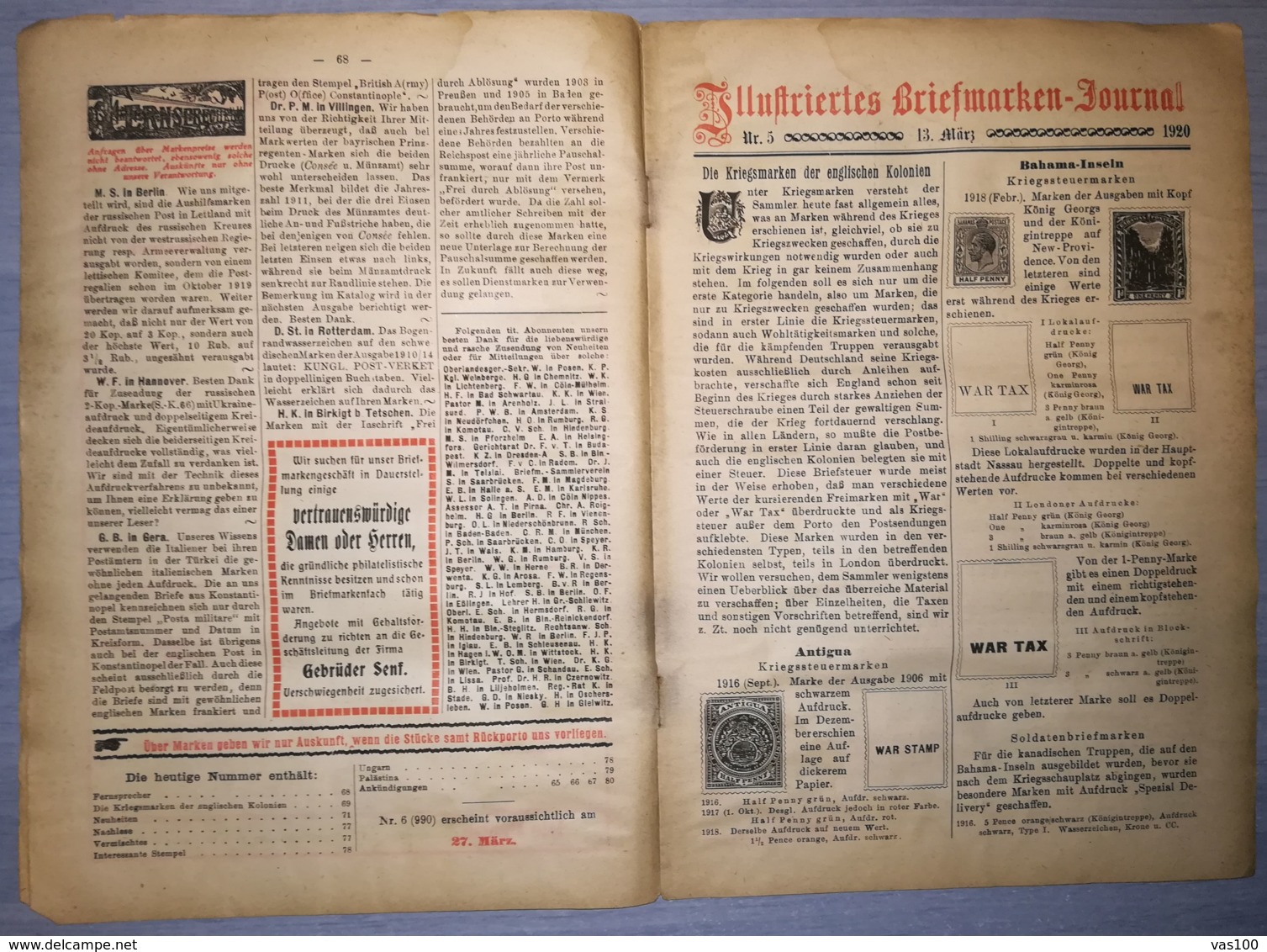 ILLUSTRATED STAMPS JOURNAL- ILLUSTRIERTES BRIEFMARKEN JOURNAL MAGAZINE, LEIPZIG, NR 5, MARCH 1920, GERMANY - Tedesche (prima Del 1940)