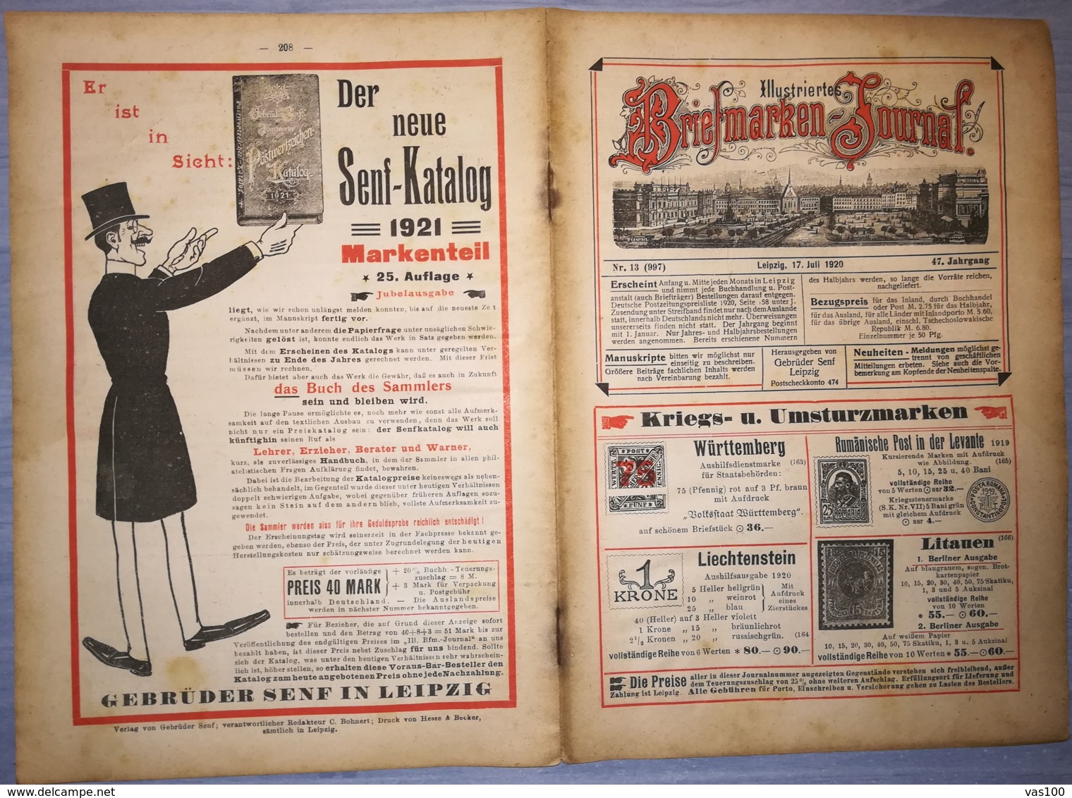 ILLUSTRATED STAMPS JOURNAL- ILLUSTRIERTES BRIEFMARKEN JOURNAL MAGAZINE, LEIPZIG, NR 13, JULY 1920, GERMANY - Tedesche (prima Del 1940)