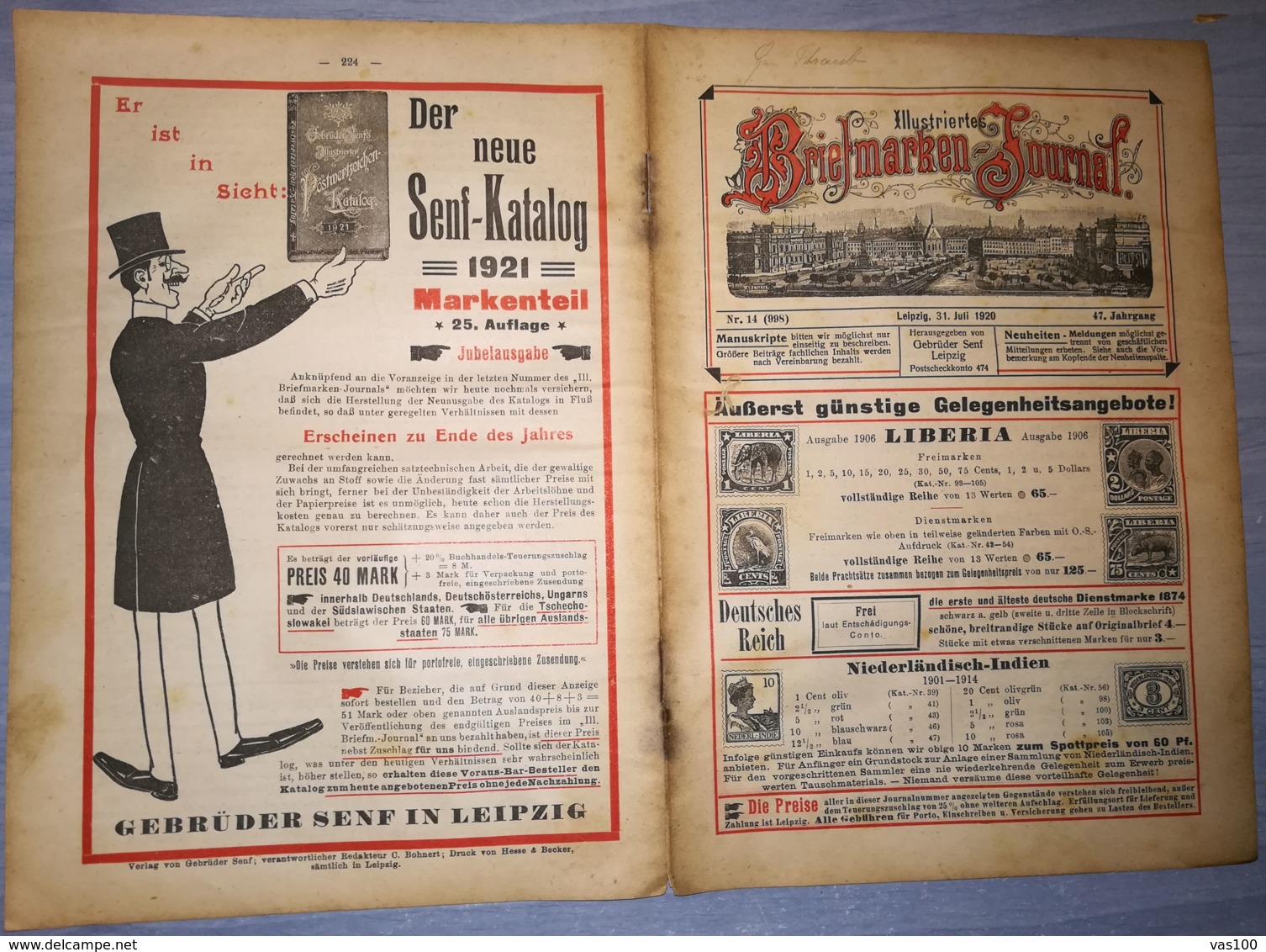 ILLUSTRATED STAMPS JOURNAL- ILLUSTRIERTES BRIEFMARKEN JOURNAL MAGAZINE, LEIPZIG, NR 14, JULY 1920, GERMANY - Tedesche (prima Del 1940)