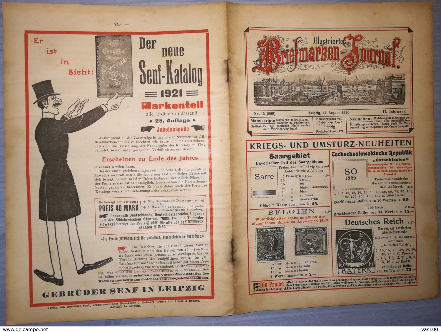 ILLUSTRATED STAMPS JOURNAL- ILLUSTRIERTES BRIEFMARKEN JOURNAL MAGAZINE, LEIPZIG, NR 15, AUGUST 1920, GERMANY - Tedesche (prima Del 1940)