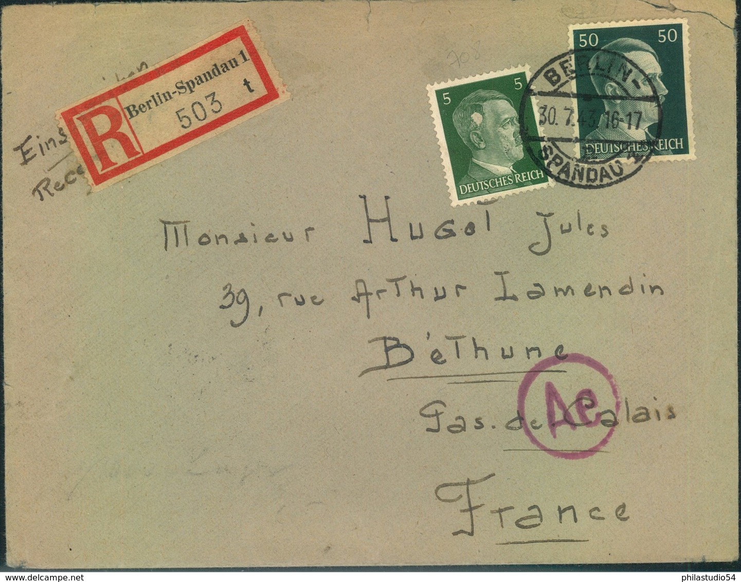 1943, ZWANGSARBEITERPOST - Barackenlager BERLIN-SPANDAU; Einschreiben Nach Frankreich - Sonstige & Ohne Zuordnung