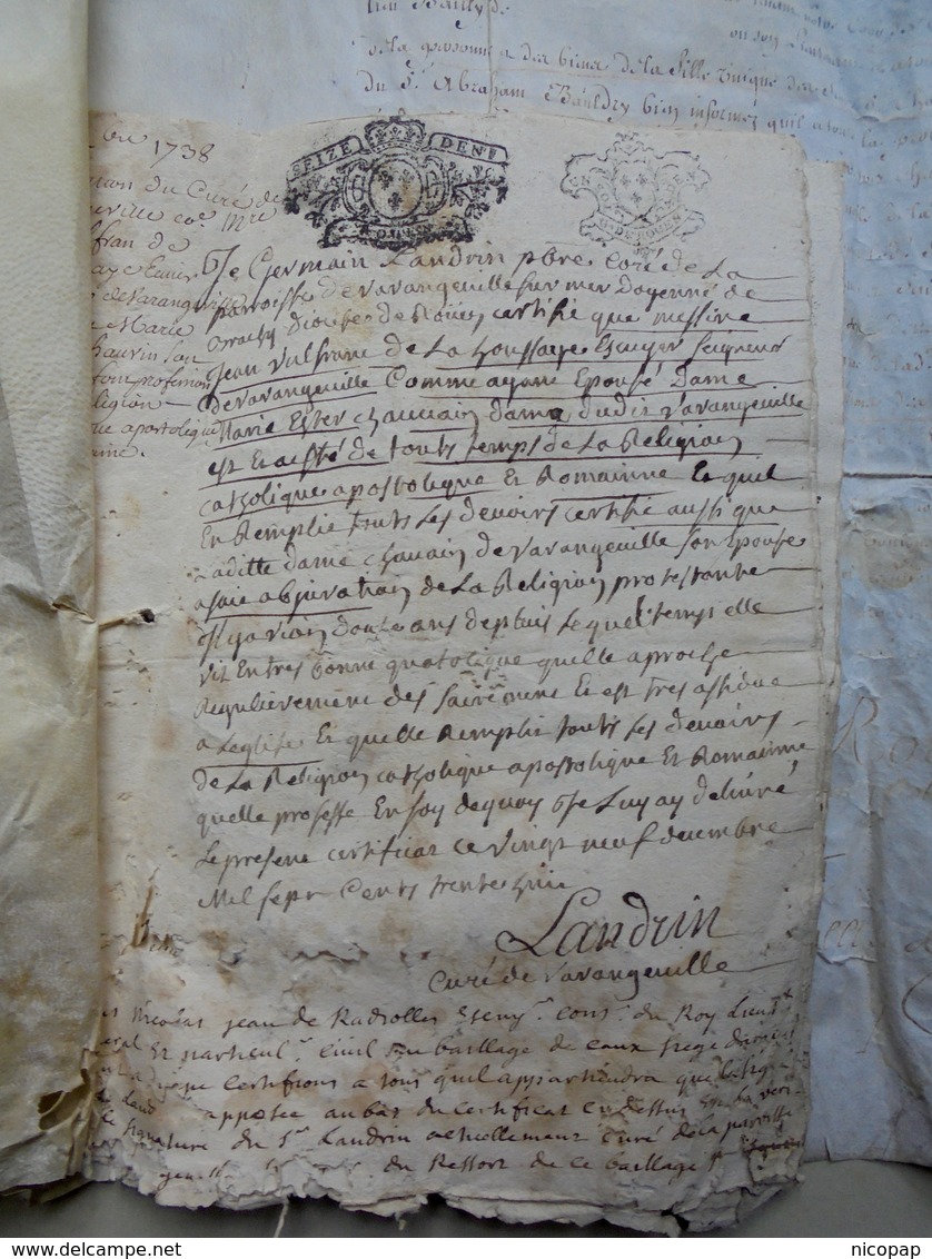 Rouen-Varengeville, Actes Sur Parchemin 1739 Jean Vulfran De La Saussaie - Documents Historiques