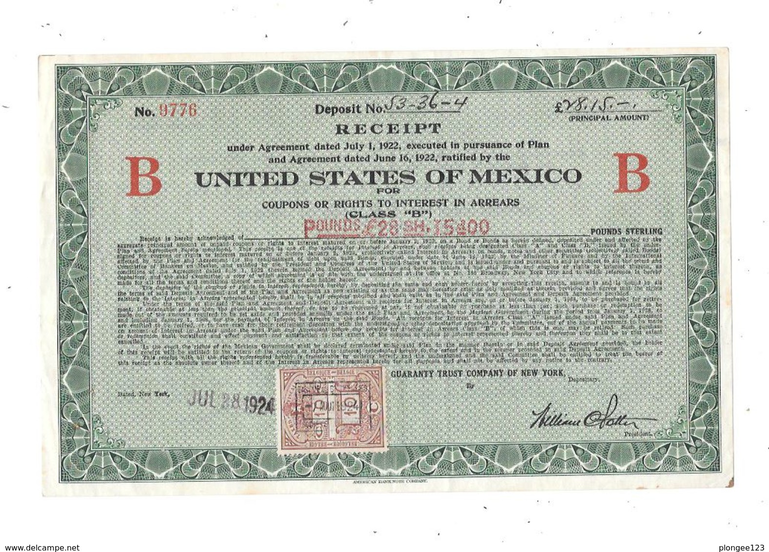 UNITED STATES OF MEXICO B  Timbre Taxes Fiscales Belgique - S - V