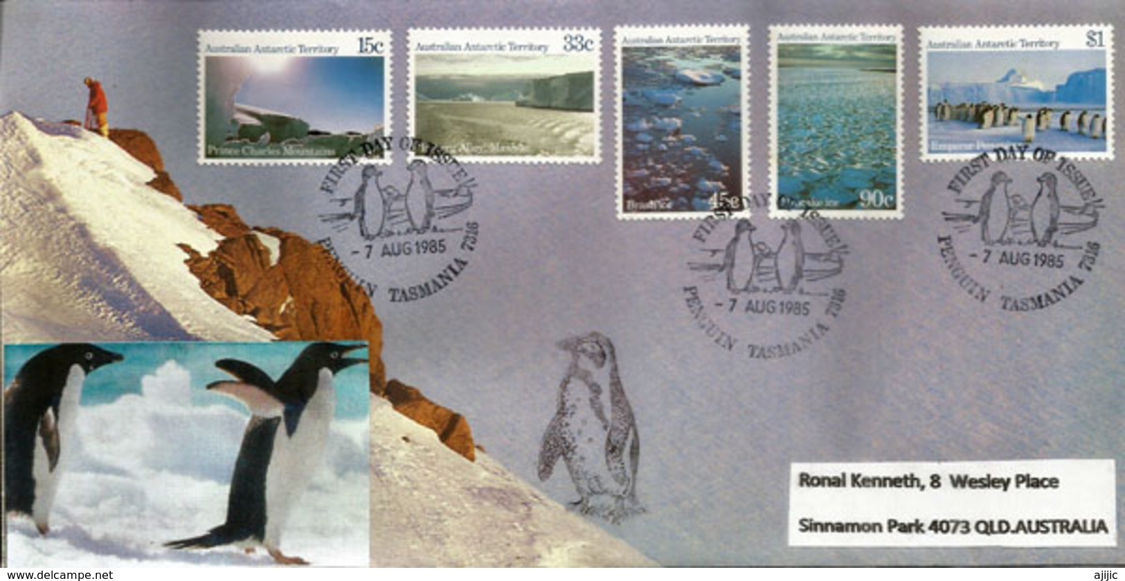 Paysages & Faune Du Territoire Antarctique Australien. FDC Oblitération Pingouins, Série AAT Nr 68/72, Année 1985 - Events & Commemorations