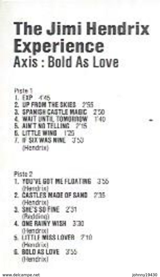 K7 Audio - JIMI HENDRIX  " AXIS : BOLD AS LOVE  " 13 TITRES - Cassettes Audio