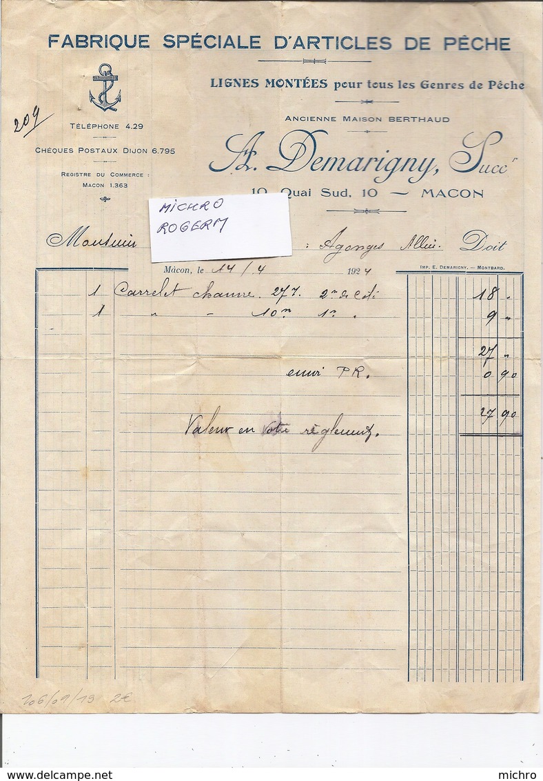 71 MACON - A. DEMARIGNY Fabrique D'Articles De PËCHE - Facture De 1924 - 1060119 - Autres & Non Classés