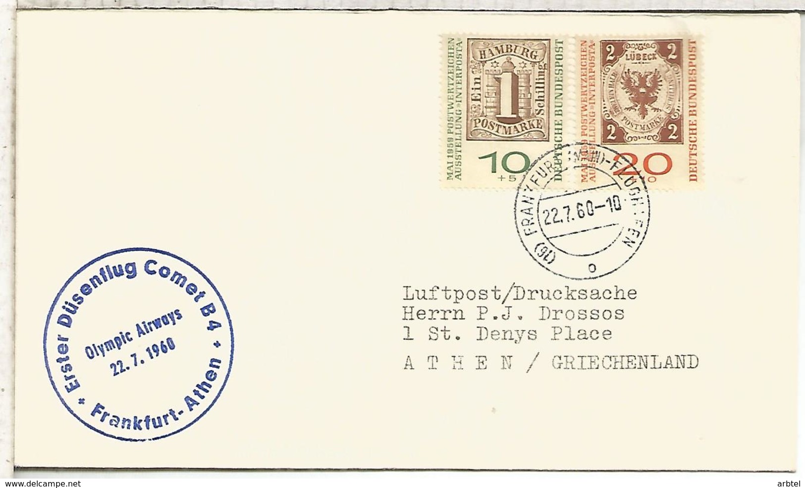 ALEMANIA 1960 CC PRIMER VUELO FRANKFURT ATHEN OLYMPIC AIRWAYS COMET 4B - Briefe U. Dokumente