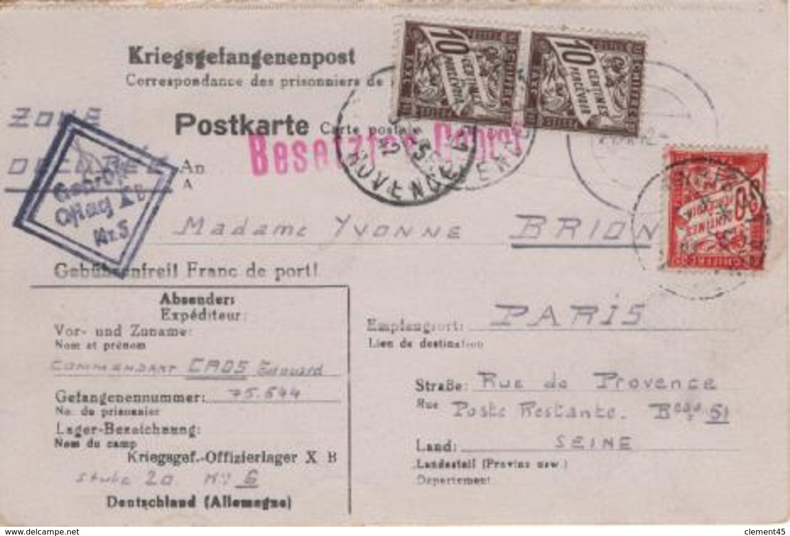 Correspondance Prisonniers Guerre Kriegsgefandenenpost Oflag Taxe Poste Restante 50 Cts 14 04 1942 Rare - Guerre De 1939-45